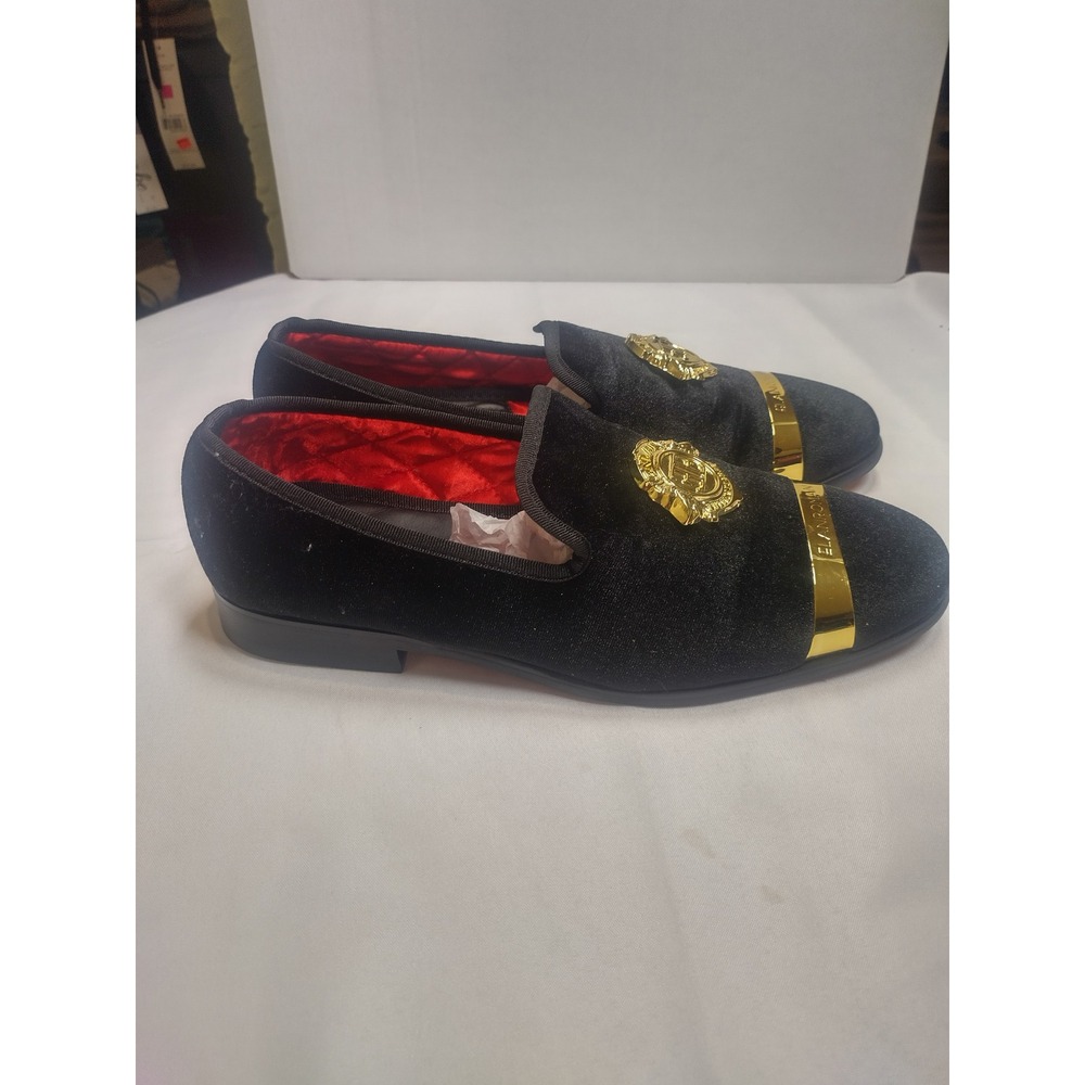 Elanroman Mens Black Velvet Loafers Gold Crest Metal Toe Dress Shoes Size 42 - Picture 2 of 8